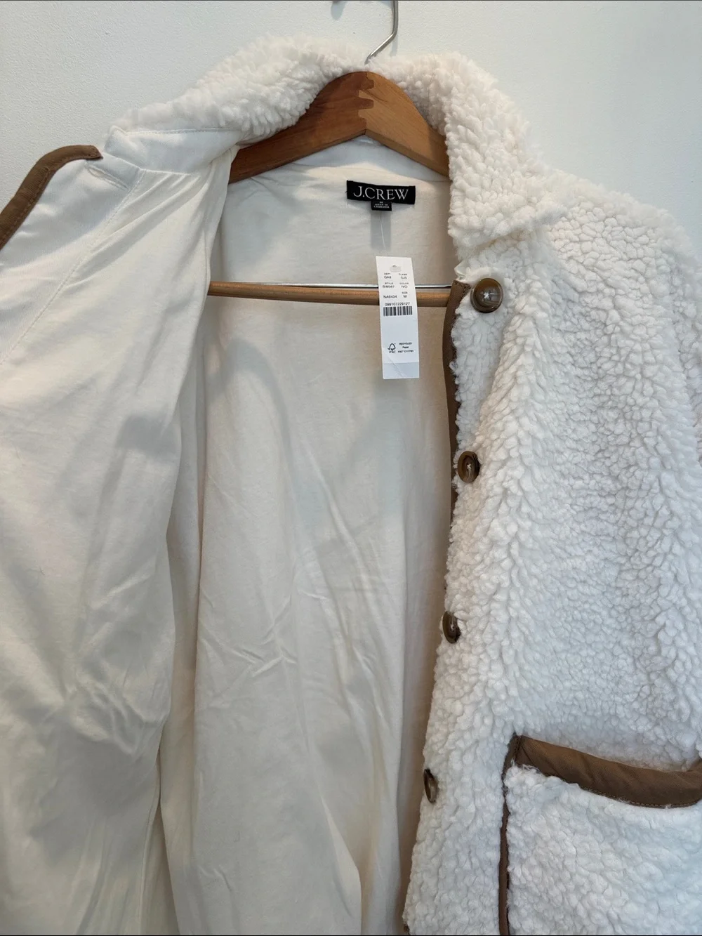 J. Crew Cream Sherpa Jacket with Brown Trim